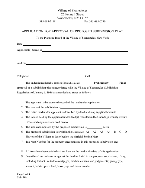 First page of the Application for Approval of Proposed Subdivision Plat