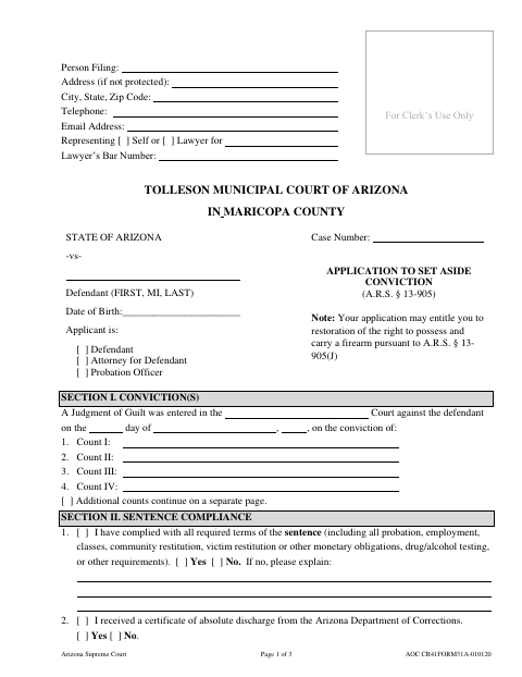 First page of the Application to Set Aside Conviction