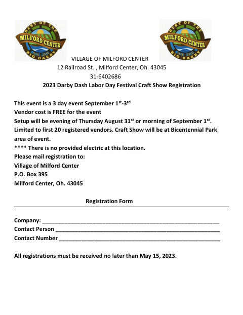 First page of the Darby Dash Labor Day Festival Craft Show Registration