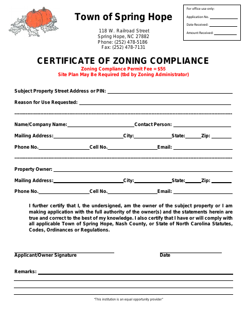First page of the Certificate of Zoning Compliance