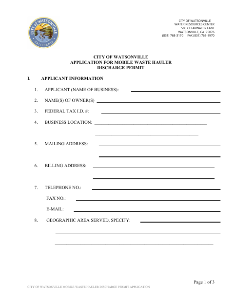 First page of the Mobile Waste Hauler Discharge Permit Application