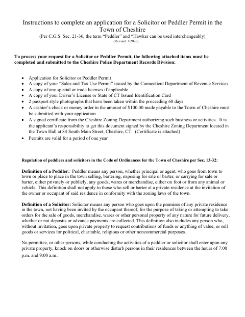 First page of the Solicitor or Peddler Permit Application