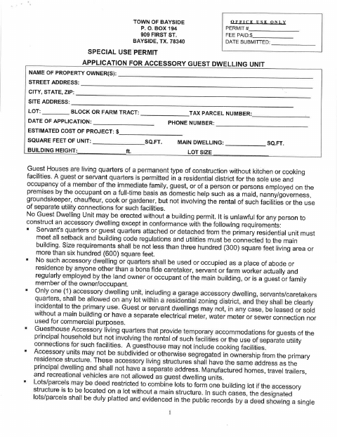 First page of the Special Use Permit Application for Accessory Guest Dwelling Unit