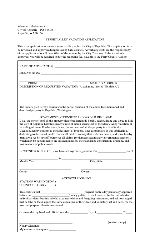First page of the Street/Alley Vacation Application