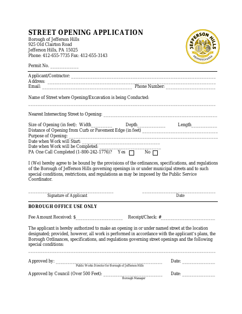 First page of the Street Opening Application