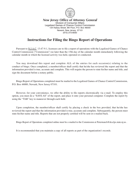 First page of the Bingo Report of Operations