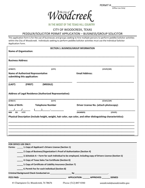 First page of the Business/Group Solicitor Permit Application