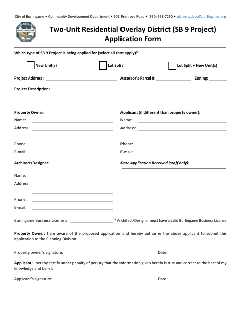 First page of the Two-Unit Residential Overlay District (SB 9 Project) Application Form