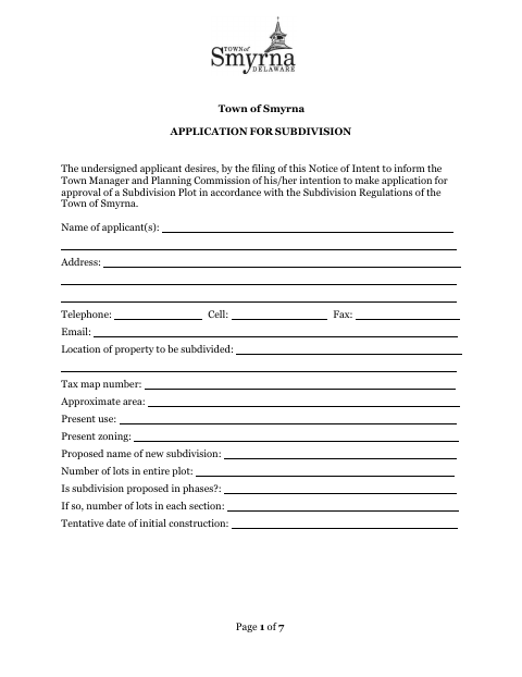 First page of the Application for Subdivision