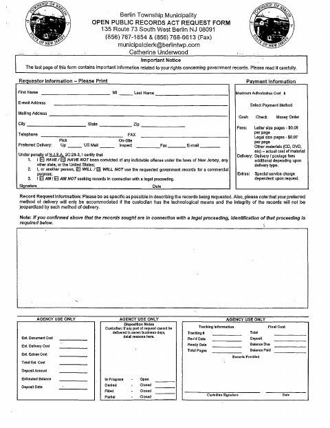 First page of the Open Public Records Act Request Form