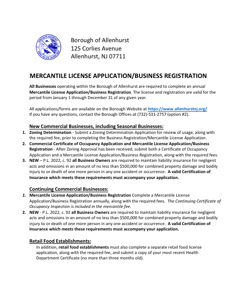 First page of the Mercantile License Application and Business Registration