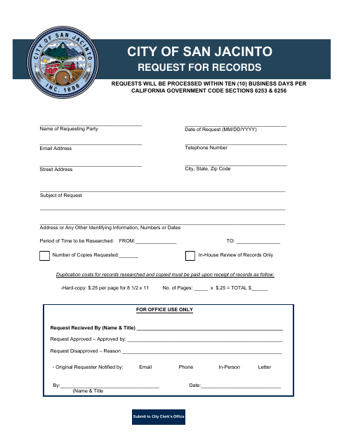 First page of the Request for Records