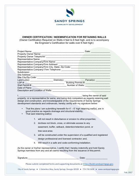 First page of the Owner Certification / Indemnification for Retaining Walls