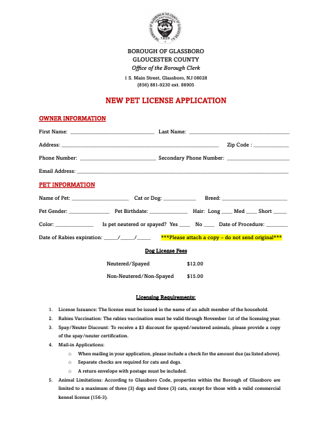 First page of the New Pet License Application