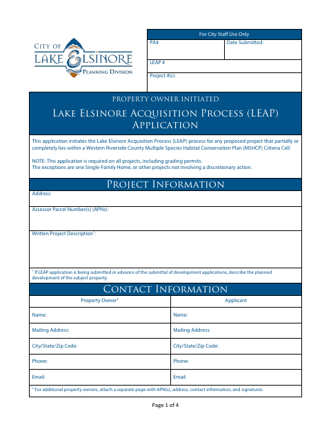 First page of the Lake Elsinore Acquisition Process (LEAP) Application