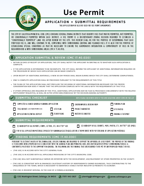 First page of the Use Permit Checklist