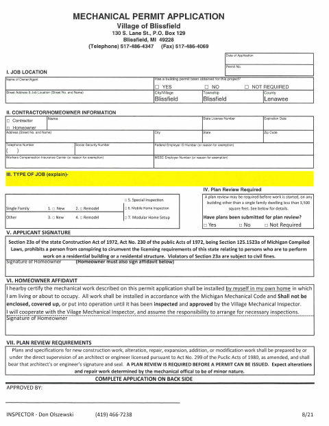 First page of the Mechanical Permit Application