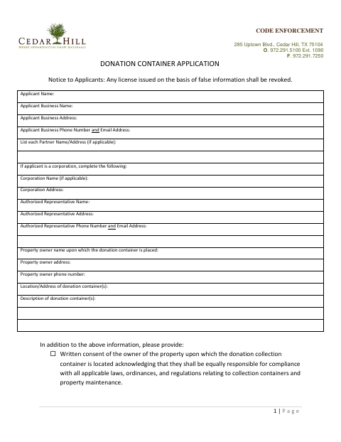 First page of the Donation Container Application