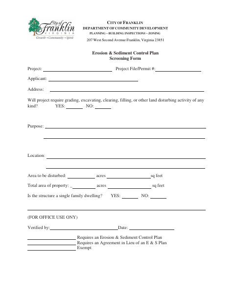 First page of the Erosion & Sediment Control and Land Disturbing Permit Application