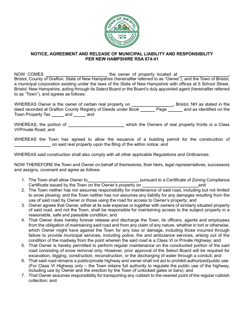 First page of the Notice, Agreement and Release of Municipal Liability and Responsibility