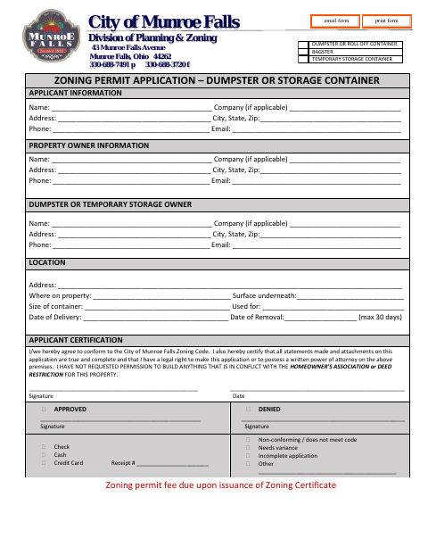 First page of the Zoning Permit Application – Dumpster or Storage Container