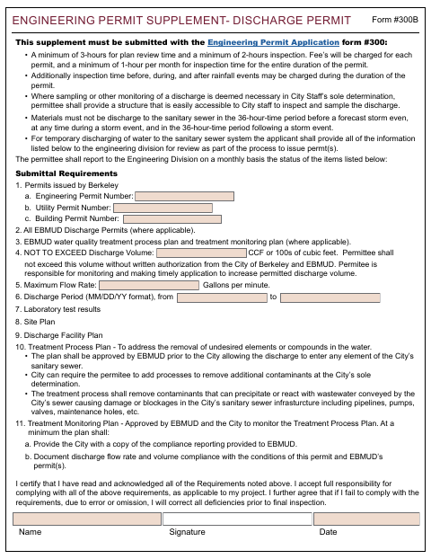 First page of the Engineering Permit Supplement – Discharge Permit