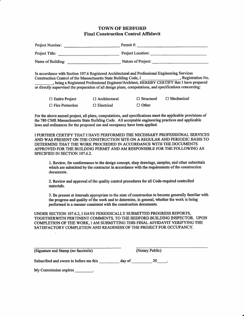 First page of the Final Construction Control Affidavit