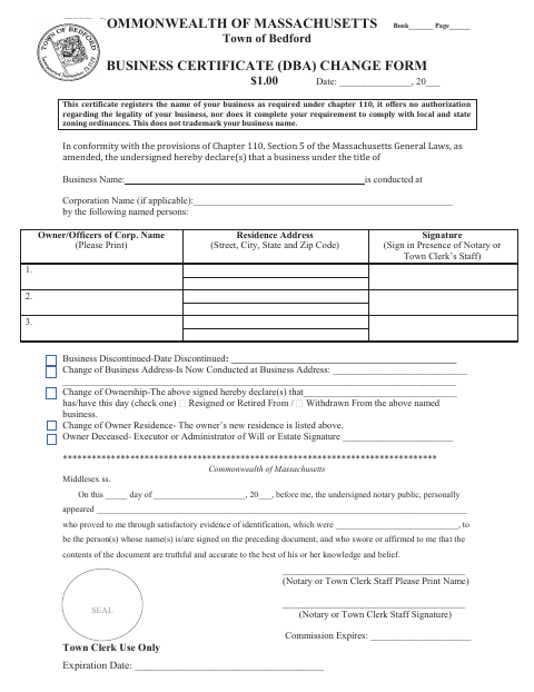 First page of the Business Certificate Change Form