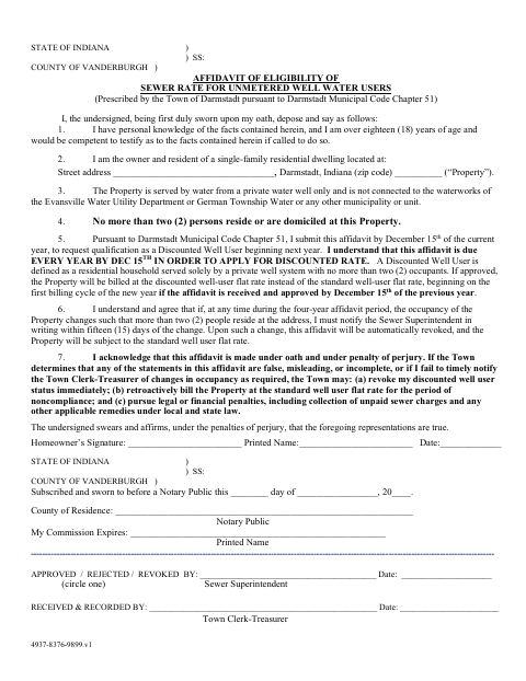 First page of the Affidavit of Eligibility for Sewer Rate for Unmetered Well Water Users