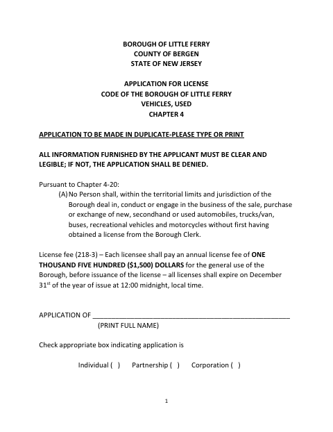 First page of the Application for Car Lot License