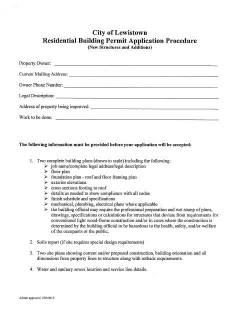 First page of the Residential Building Permit Application