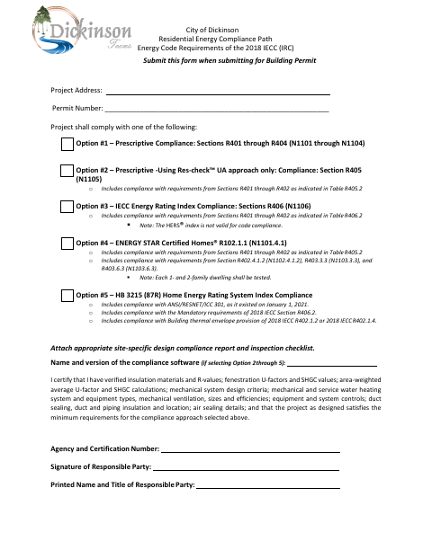 First page of the Residential Energy Compliance Form