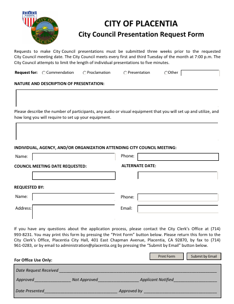 First page of the City Council Presentation Request Form