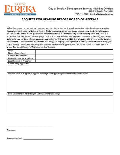 First page of the Board of Appeals Request for Hearing
