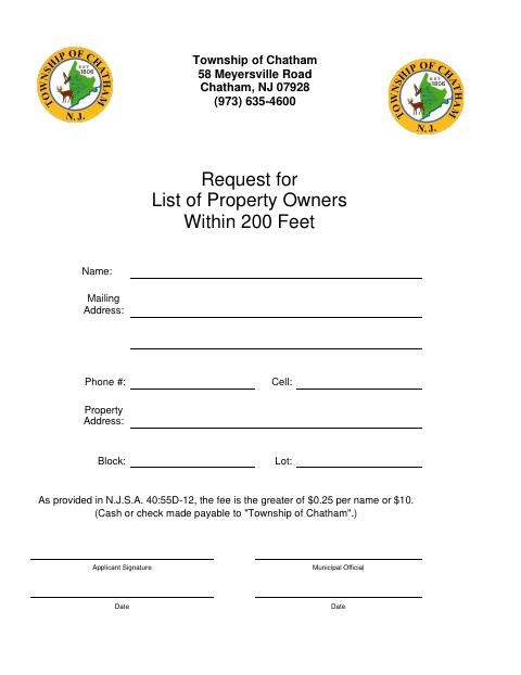 First page of the List of Property Owners Within 200 Feet Request