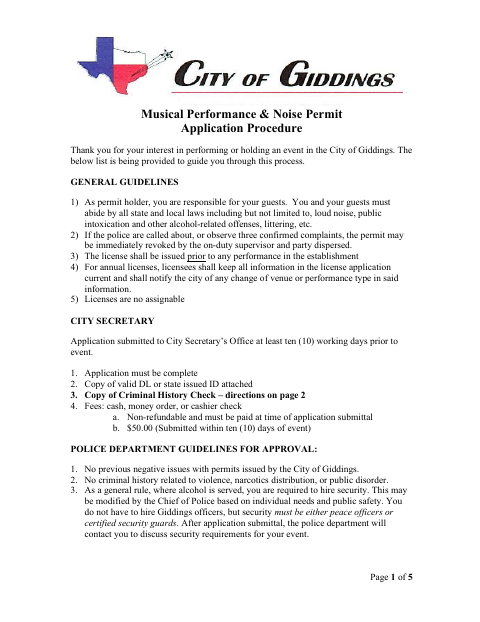 First page of the Musical Performance and Noise Permit Application