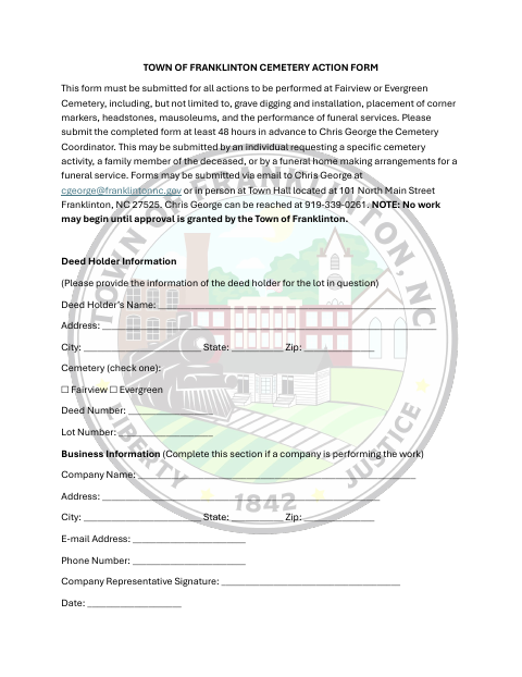 First page of the Cemetery Action Form