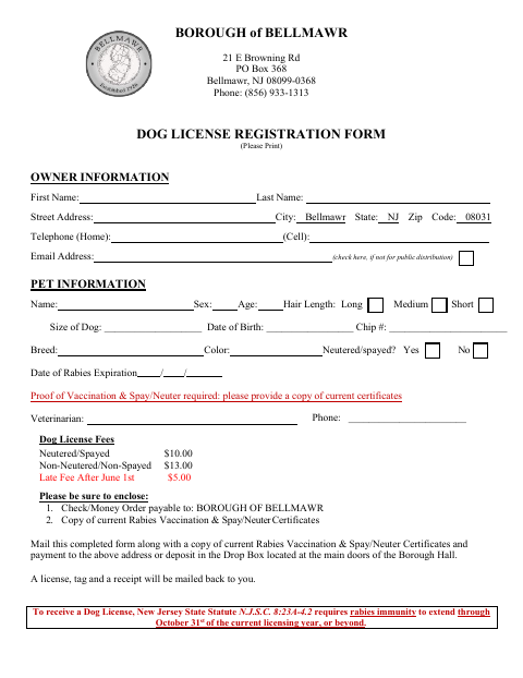 First page of the Dog License Registration Form