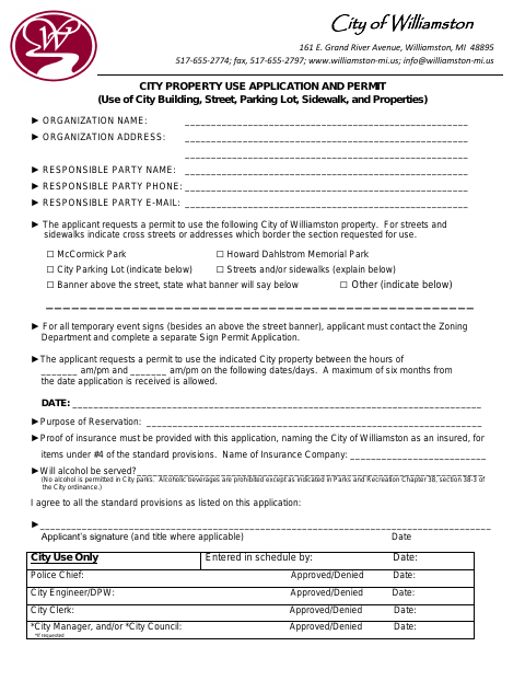 First page of the City Property Use Application and Permit