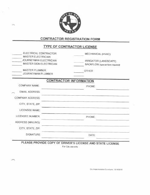 First page of the Contractor Registration Form