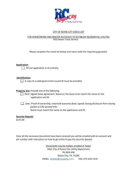 First page of the Water, Sewer, and Trash Residential Service Application