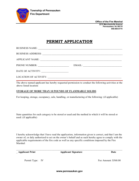 First page of the Flammable Solids Permit Application