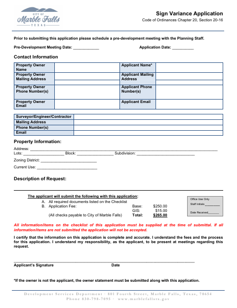 First page of the Sign Variance Application