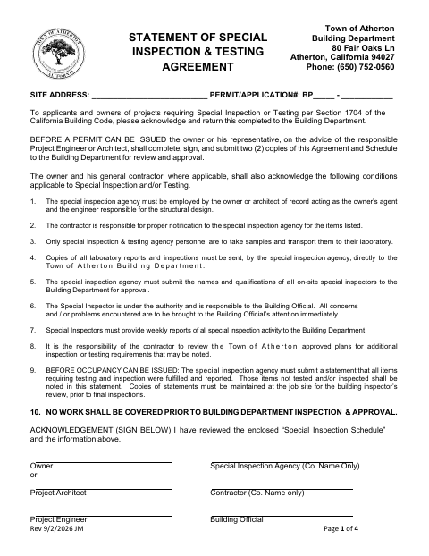 First page of the Statement of Special Inspections Testing Agreement and Approved Agencies