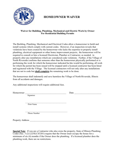 First page of the Homeowner Waiver