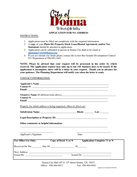 First page of the Application For 911 Address