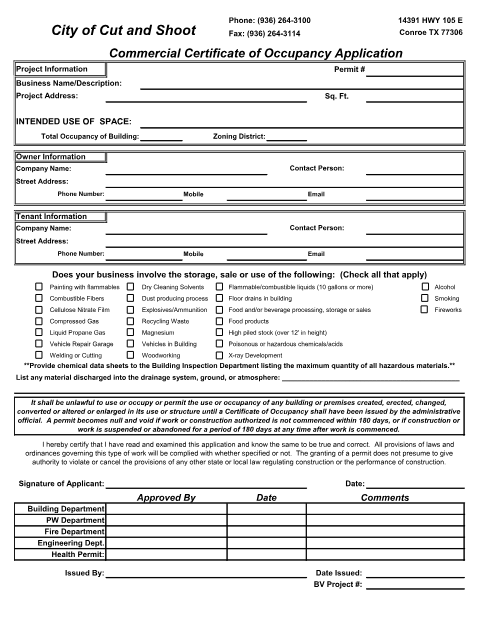 First page of the Commercial Certificate of Occupancy Application