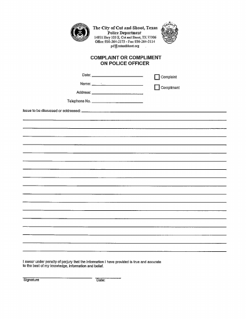 First page of the Police Officer Complaint or Compliment Form