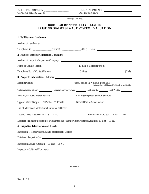 First page of the Existing On-Lot Sewage System Evaluation