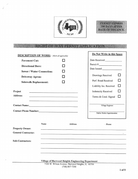 First page of the Right-of-Way Permit Application